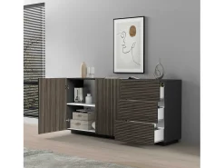 Aparador Coste con 2 puertas y 3 cajones, color antracita mate y madera oscura, 180 x 43 x 86 cm