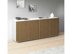 Aparador Coste con 4 puertas efecto cannetè blanco mate y madera clara 200x43x86 cm