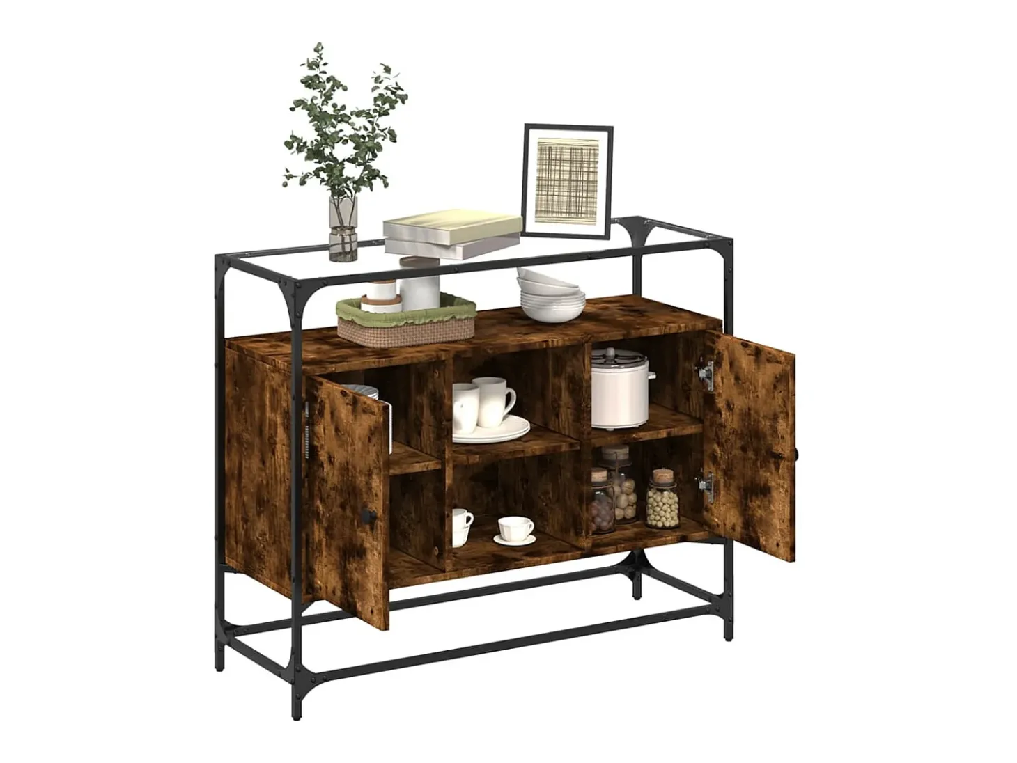 Aparador cristal y madera ingeniería roble ahumado 98x35x81 cm
