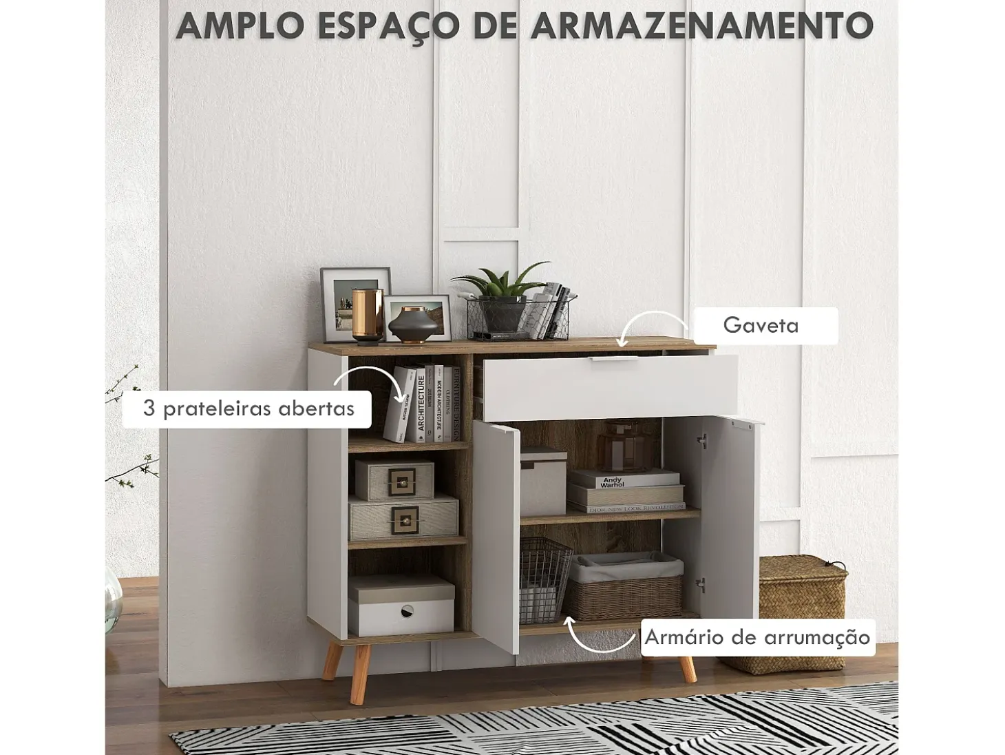 Aparador Dalvik Homcom con cajón + 3 estantes + armario blanco/natural 85x95x35 cm