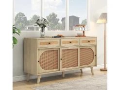 Aparador de 140 cm con 3 puertas correderas de ratán y 3 cajones - estantes interiores regulables - Natural