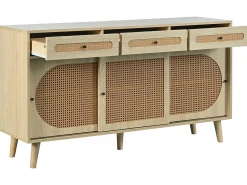 Aparador de 140 cm con 3 puertas correderas de ratán y 3 cajones - estantes interiores regulables - Natural