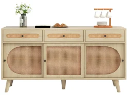 Aparador de 140 cm con 3 puertas correderas de ratán y 3 cajones - estantes interiores regulables - Natural