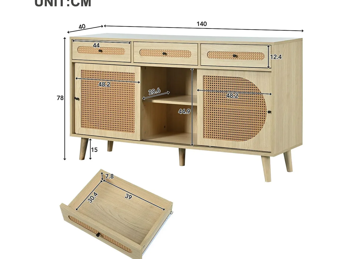 Aparador de 140 cm con 3 puertas correderas de ratán y 3 cajones - estantes interiores regulables - Natural