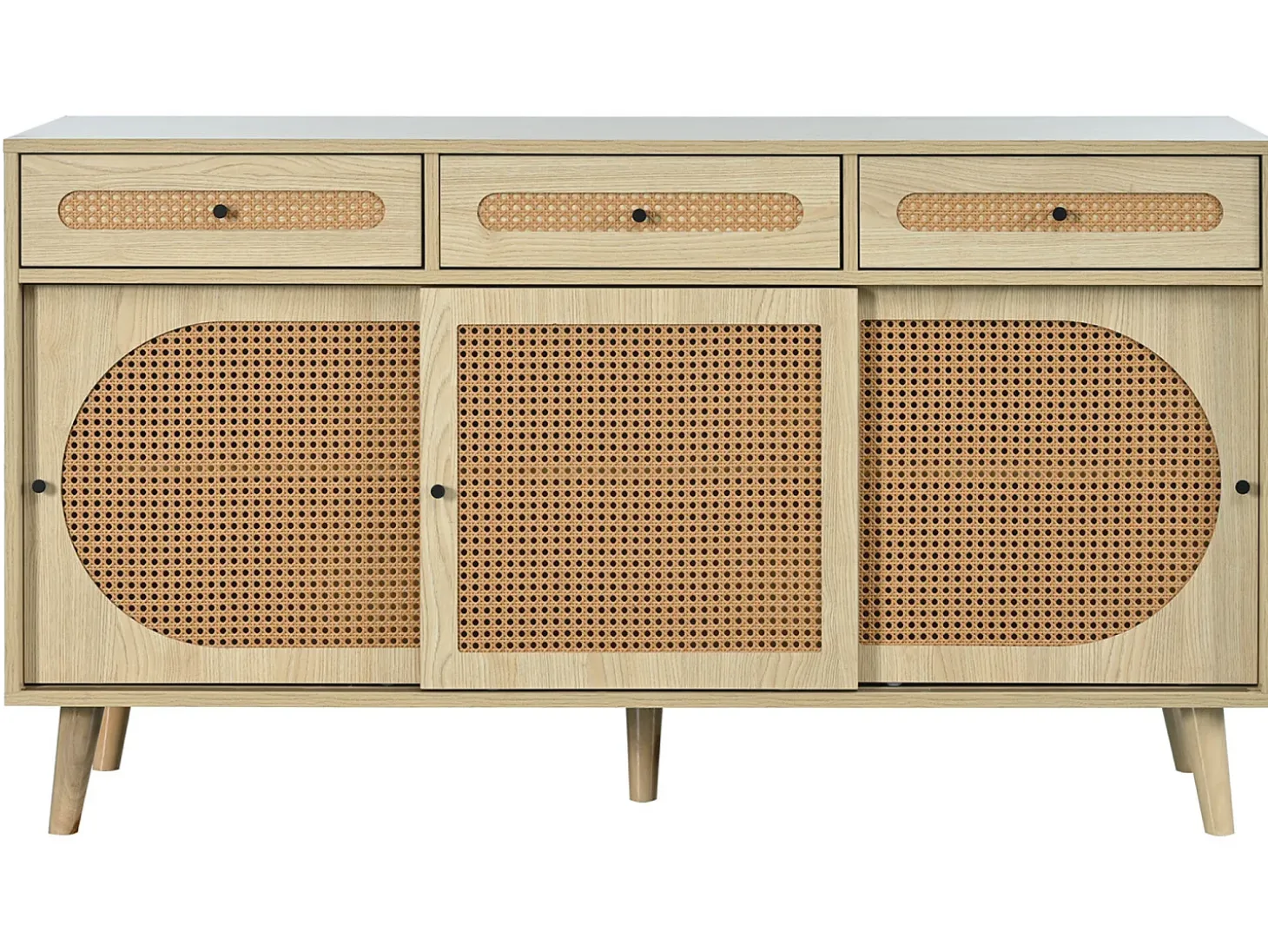 Aparador de 140 cm con 3 puertas correderas de ratán y 3 cajones - estantes interiores regulables - Natural