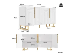 Aparador de 4 puertas - Aparador con tiradores y patas dorados - blanco - para comedor