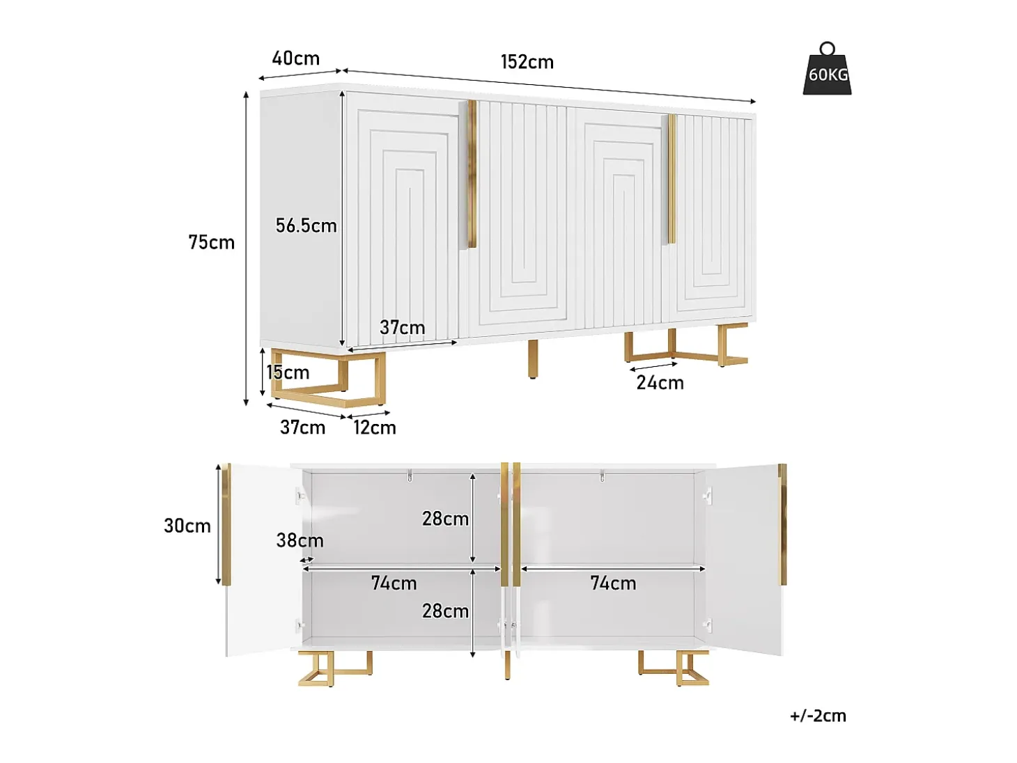 Aparador de 4 puertas - Aparador con tiradores y patas dorados - blanco - para comedor
