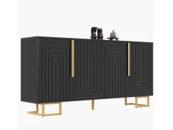 Aparador de 4 puertas - Aparador con tiradores y patas dorados - negro - para comedor