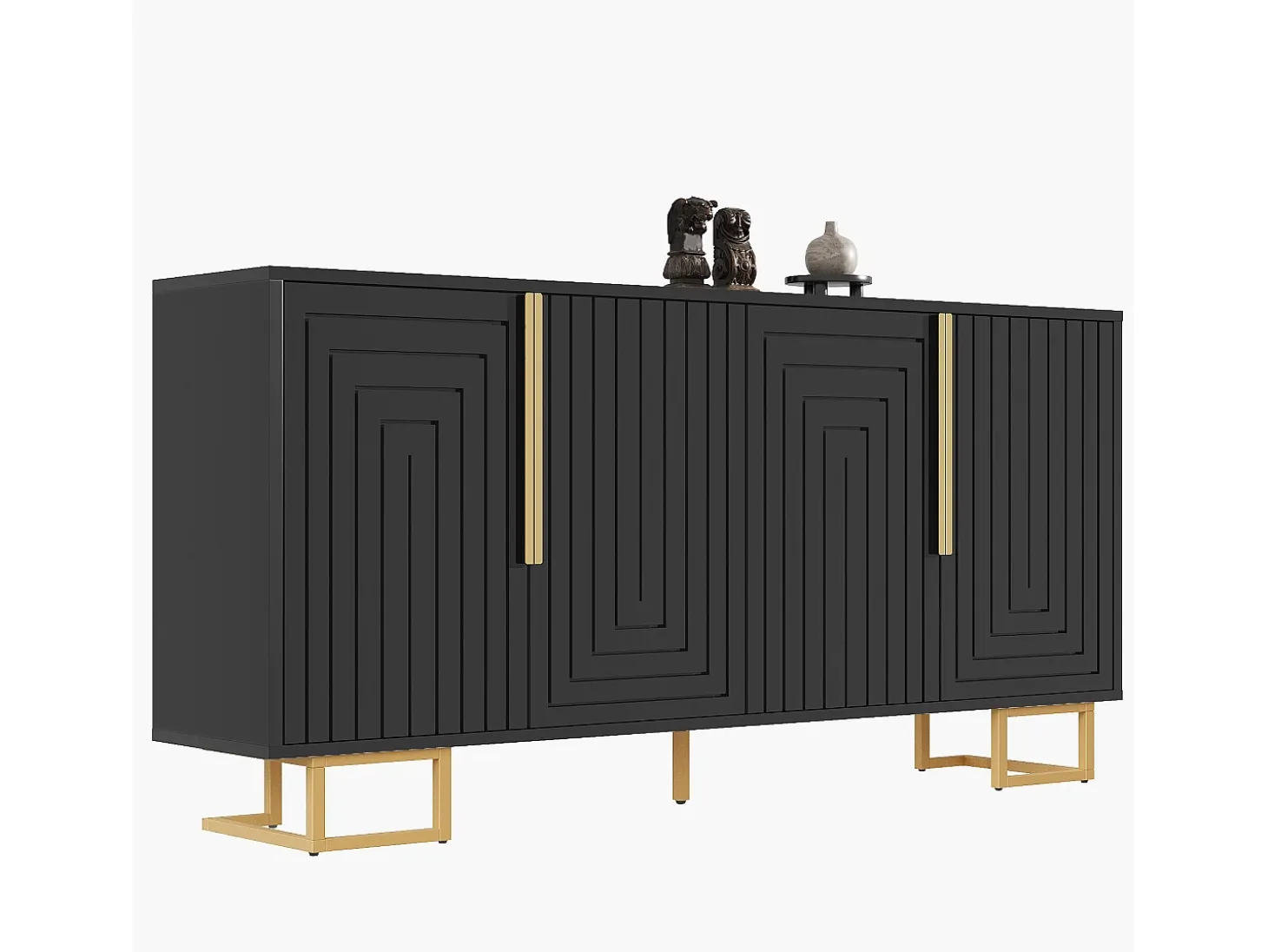 Aparador de 4 puertas - Aparador con tiradores y patas dorados - negro - para comedor