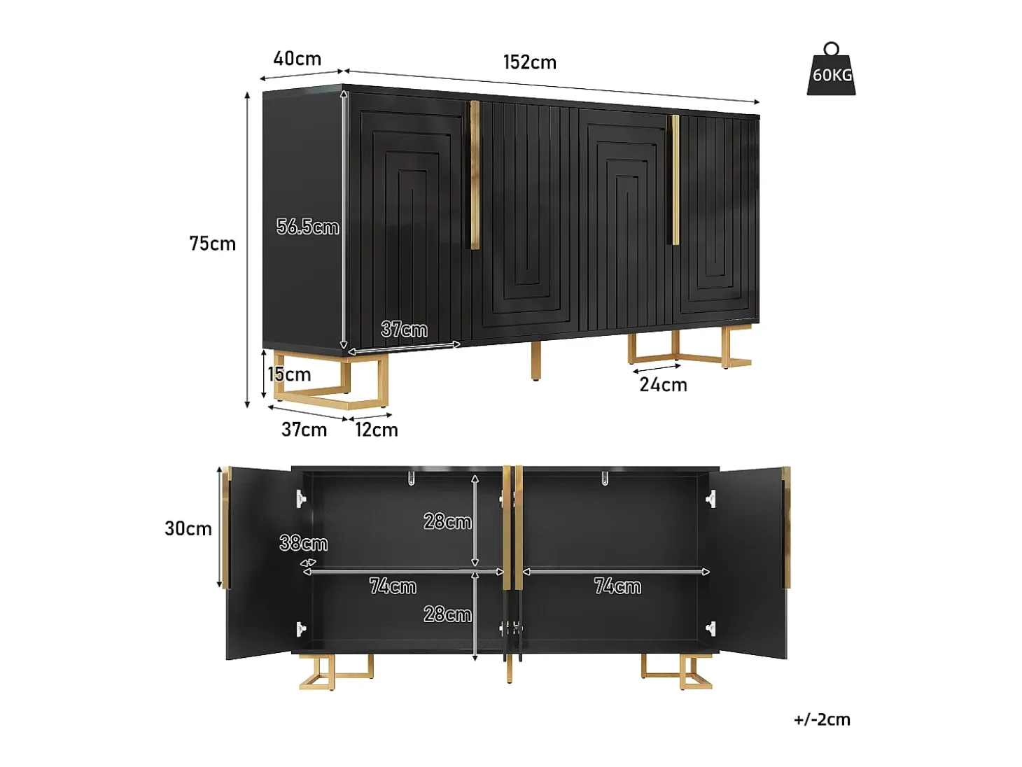 Aparador de 4 puertas - Aparador con tiradores y patas dorados - negro - para comedor