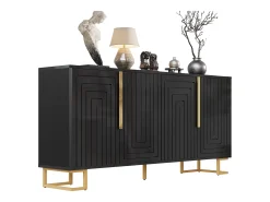 Aparador de 4 puertas - Aparador con tiradores y patas dorados - negro - para comedor
