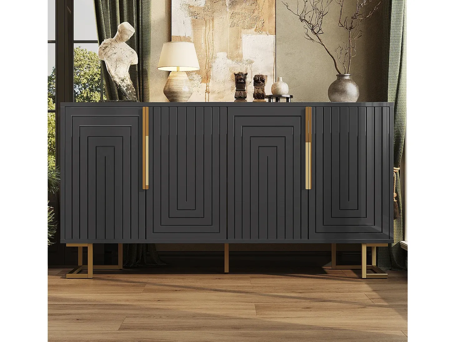 Aparador de 4 puertas - Aparador con tiradores y patas dorados - negro - para comedor