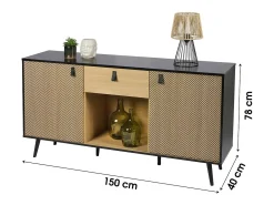 Aparador de 2 puertas, 1 cajón y un hueco – Estilo diseño, dimensiones 150x40x78 cm, colores roble claro y negro.