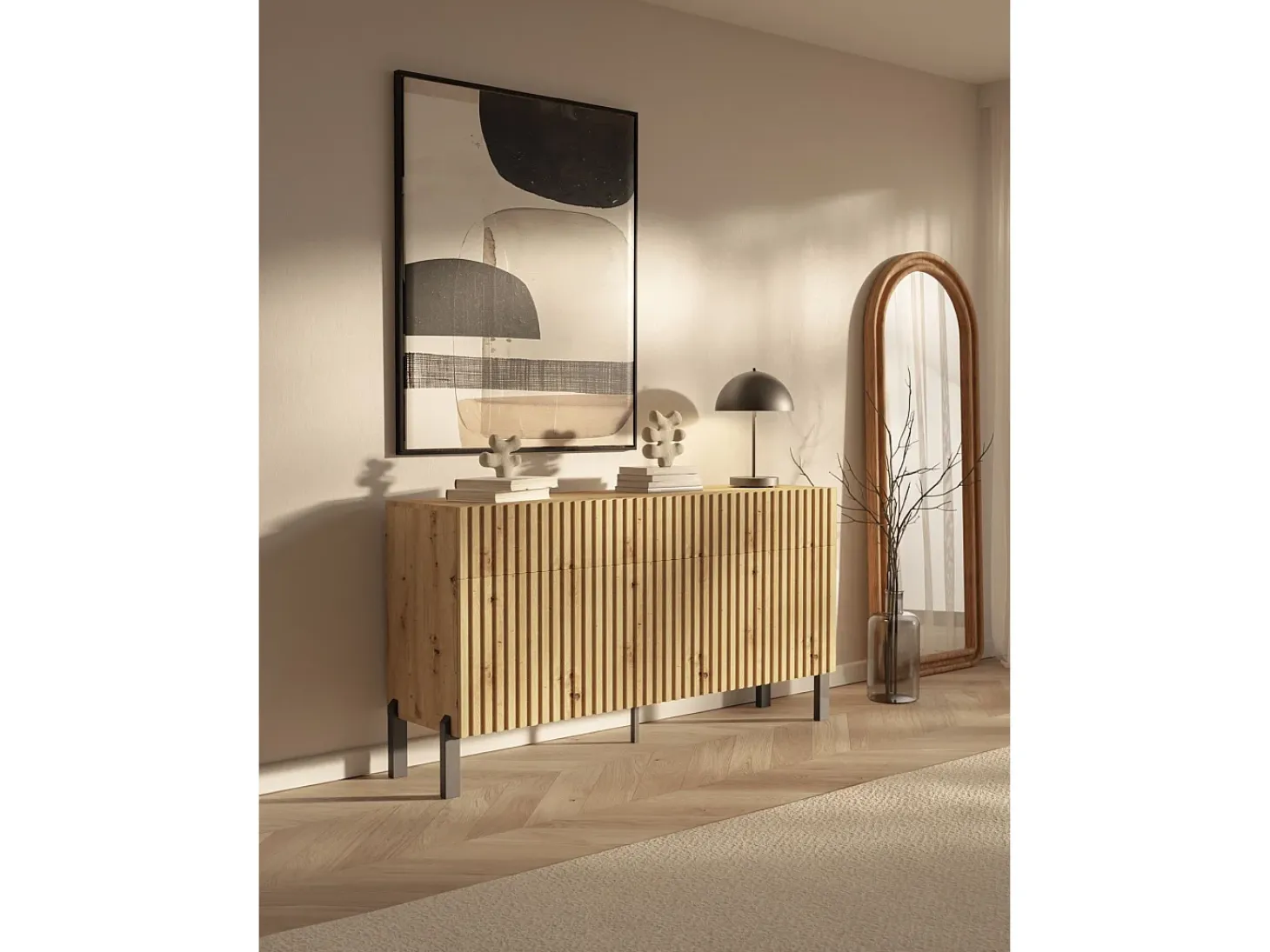Aparador de 3 puertas – tres cajones y frente con lamas – 154 cm – roble artisan – TELIRE