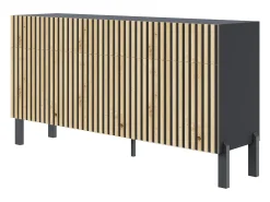 Aparador de 3 puertas – tres cajones y frente con lamas – 154 cm – negro/roble artisan – TELIRE