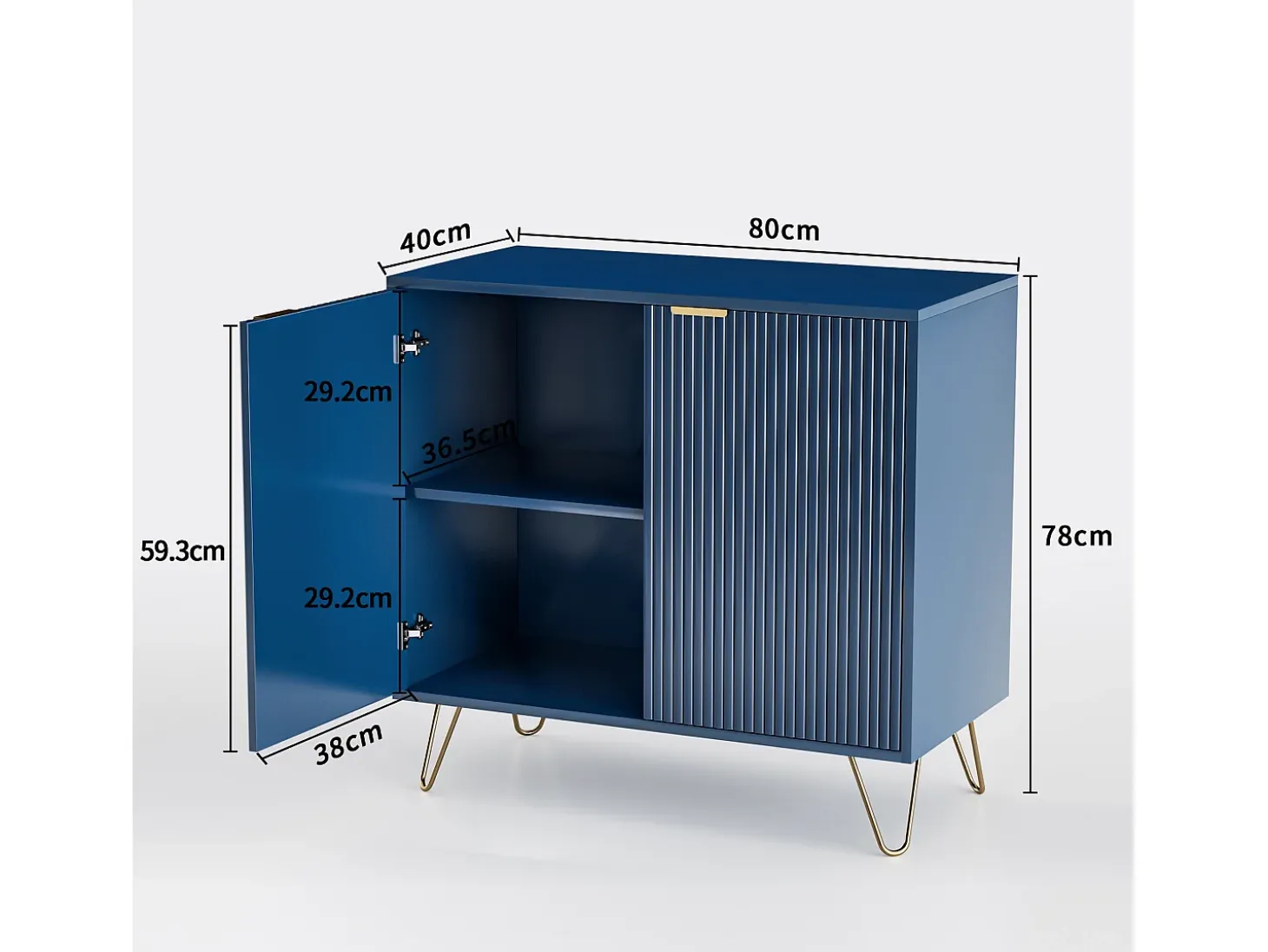Aparador de 2 puertas, aparador de cocina con estante y patas metálicas, para sala de estar o comedor, azul