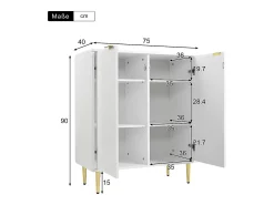 Aparador de 2 puertas, cómoda, diseño de esquina resistente a los golpes, 3 estantes, 6 compartimentos, 75 L x 40 P x 90 H, blanco