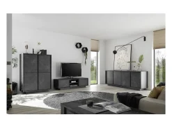 Aparador de 4 puertas, colección COLOMARMO, color negro efecto mármol, ideal para su sala de estar o comedor.