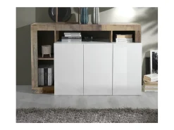 Aparador de 3 puertas colección BURA, color blanco lacado brillante y roble claro