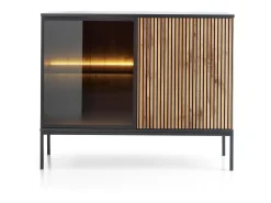 Aparador de 2 puertas con LED integrado, Negro y Roble, 104x83 cm