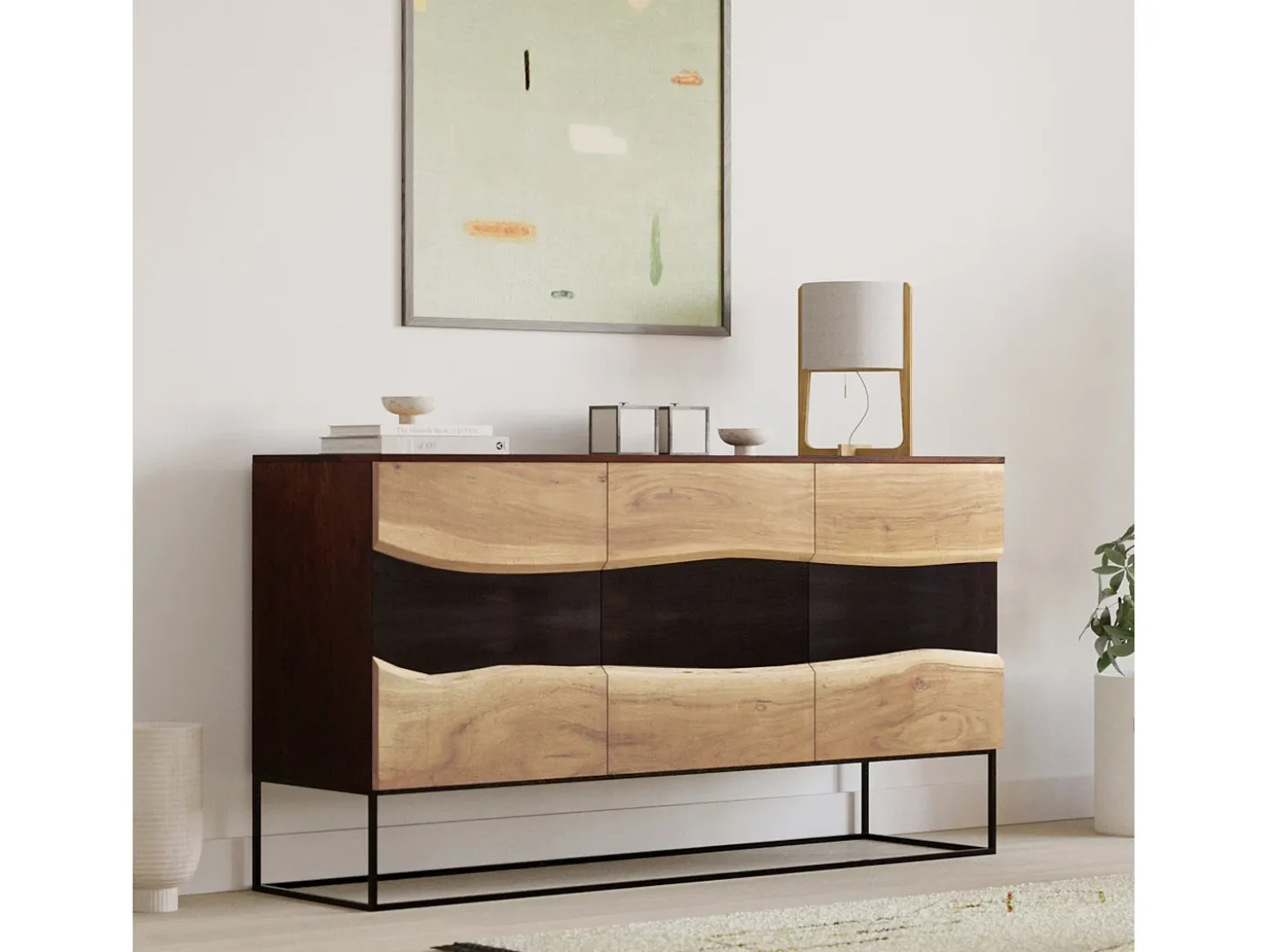 Aparador de 3 puertas de madera de acacia y metal negro - Alabama