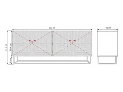 Aparador de 4 puertas de madera laminada negra con pie de metal 200x43 cm