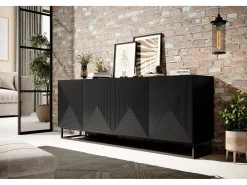Aparador de 4 puertas de madera laminada negra con pie de metal 200x43 cm