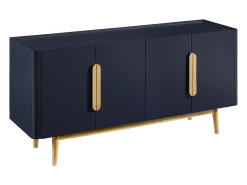 Aparador de 4 puertas en MDF y madera de caucho - Azul y Natural Claro - DUNELON
