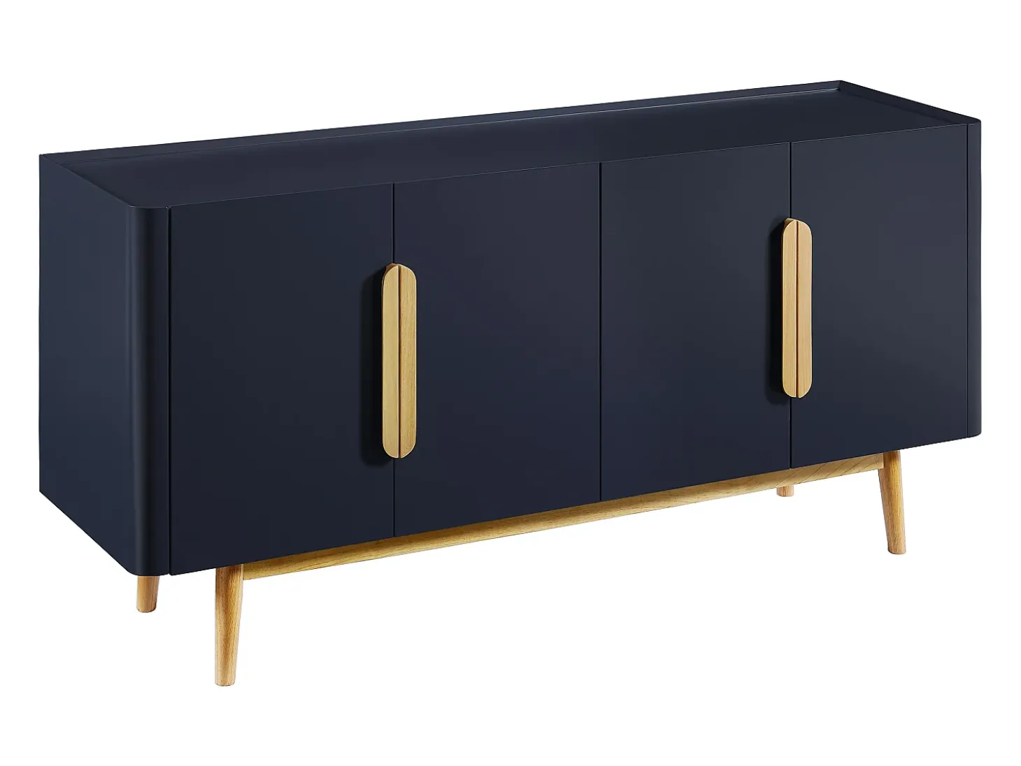 Aparador de 4 puertas en MDF y madera de caucho - Azul y Natural Claro - DUNELON