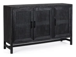 Aparador de 3 puertas en madera maciza de mango negro y ratán negro Waky 125 cm