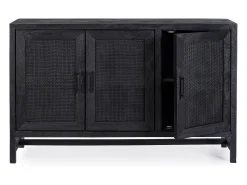 Aparador de 3 puertas en madera maciza de mango negro y ratán negro Waky 125 cm