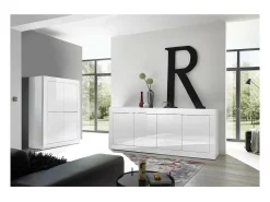 Aparador de 4 puertas ISORA – Blanco lacado brillante – Diseño moderno y funcional