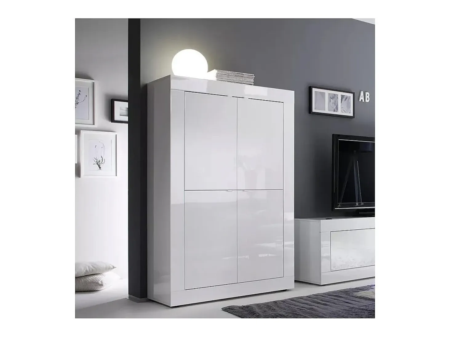 Aparador de 4 puertas ISORA – Blanco lacado brillante – Diseño moderno y funcional