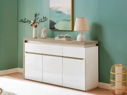 Aparador de 3 puertas y 3 cajones con luces LED de MDF - Natural y blanco lacado - VADEMOSA