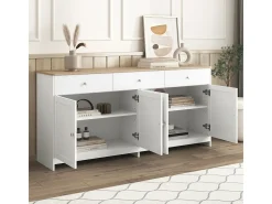 Aparador de 4 puertas y 3 cajones con vetas de madera blanca para salón-comedor.