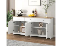 Aparador de 4 puertas y 3 cajones con vetas de madera blanca para salón-comedor.