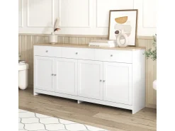 Aparador de 4 puertas y 3 cajones con vetas de madera blanca para salón-comedor.