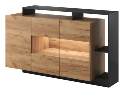 Aparador de 3 puertas y 3 estantes con LEDs - Color: natural y antracita - IDESIA
