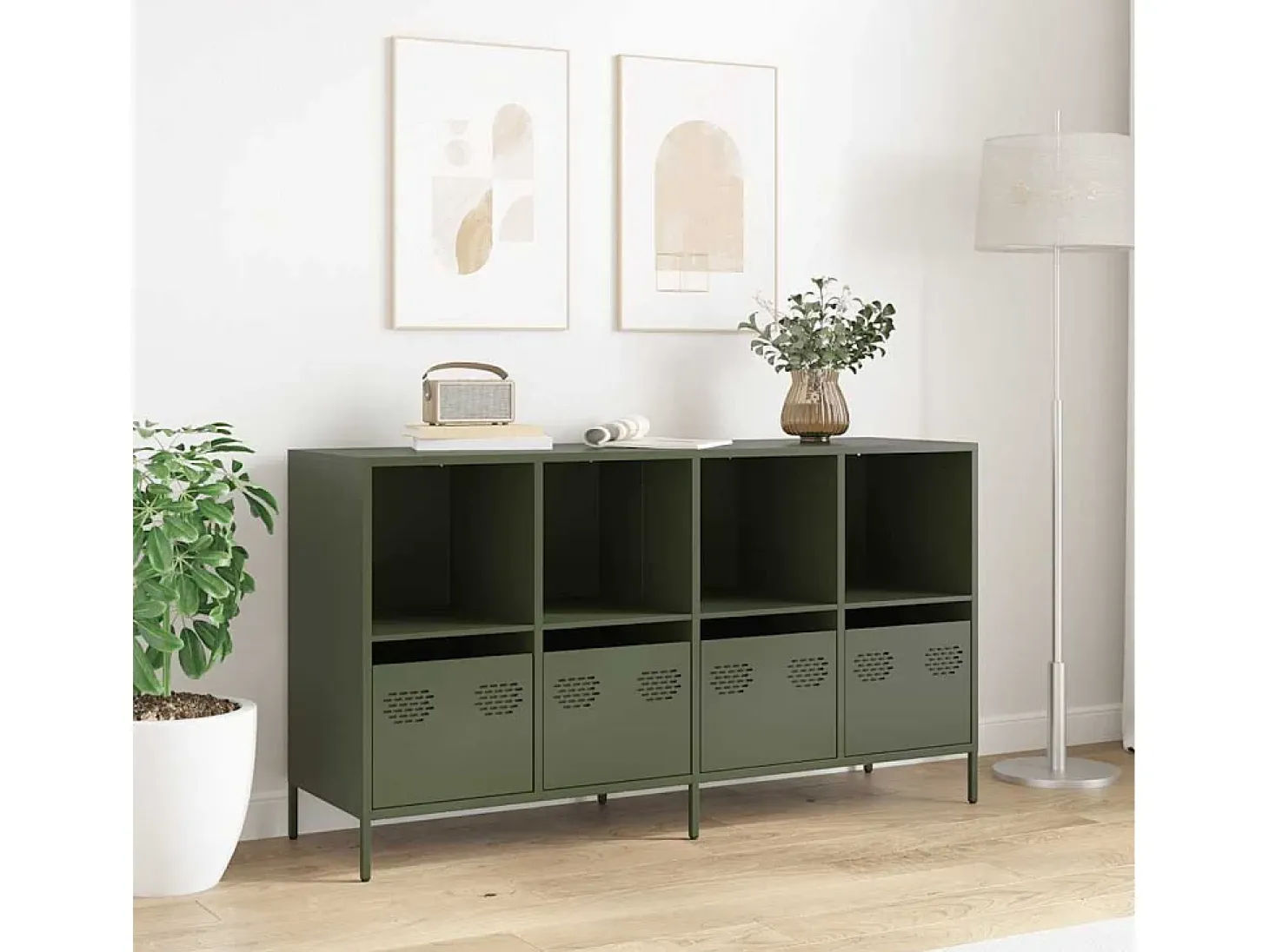 Aparador de acero laminado en frío verde oliva 135x39x73,5 cm