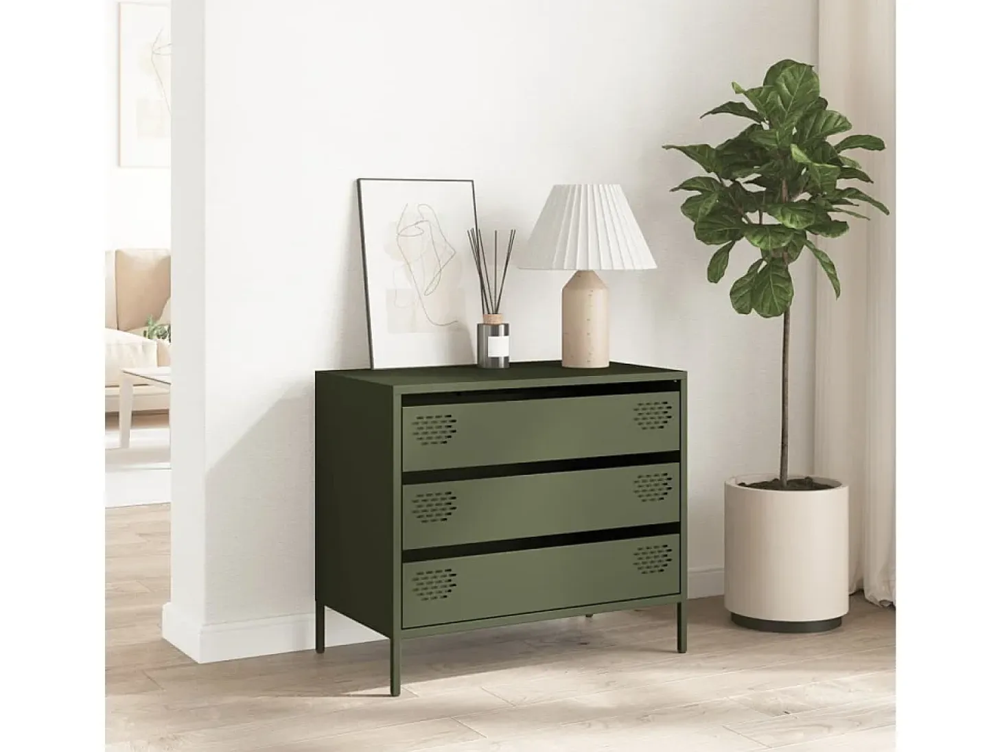 Aparador de acero laminado en frío verde oliva 68x39x58,5 cm