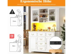 Aparador de cocina - 118 x 40 x 180 cm - con 6 cajones + puertas + LED + estantes de almacenamiento - MDF - blanco