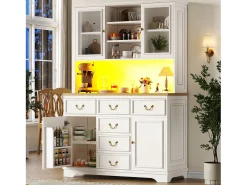 Aparador de cocina - 118 x 40 x 180 cm - con 6 cajones + puertas + LED + estantes de almacenamiento - MDF - blanco
