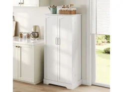 Aparador de cocina - 60 x 35 x 128 cm - con LED + estantes regulables + 2 puertas con almacenaje - MDF - blanco