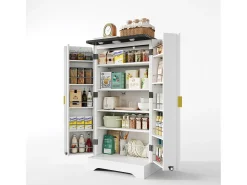 Aparador de cocina - 60,5 x 40 x 120 cm - con LED + 2 puertas + estantes regulables - MDF - blanco
