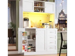 Aparador de cocina - 120 x 40 x 188 cm - con 4 puertas + LED + portavasos + cajones + estante snack - MDF - blanco