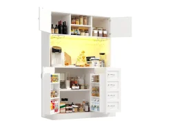 Aparador de cocina - 120 x 40 x 188 cm - con 4 puertas + LED + portavasos + cajones + estante snack - MDF - blanco