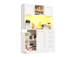 Aparador de cocina - 120 x 40 x 188 cm - con 4 puertas + LED + portavasos + cajones + estante snack - MDF - blanco