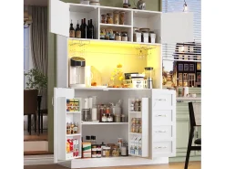 Aparador de cocina - 120 x 40 x 188 cm - con 4 puertas + LED + portavasos + cajones + estante snack - MDF - blanco