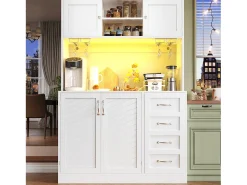 Aparador de cocina - 120 x 40 x 188 cm - con 4 puertas + LED + portavasos + cajones + estante snack - MDF - blanco