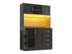 Aparador de cocina - 120 x 40 x 188 cm - con 4 puertas + LED + portavasos + cajones + estante snack - MDF - negro